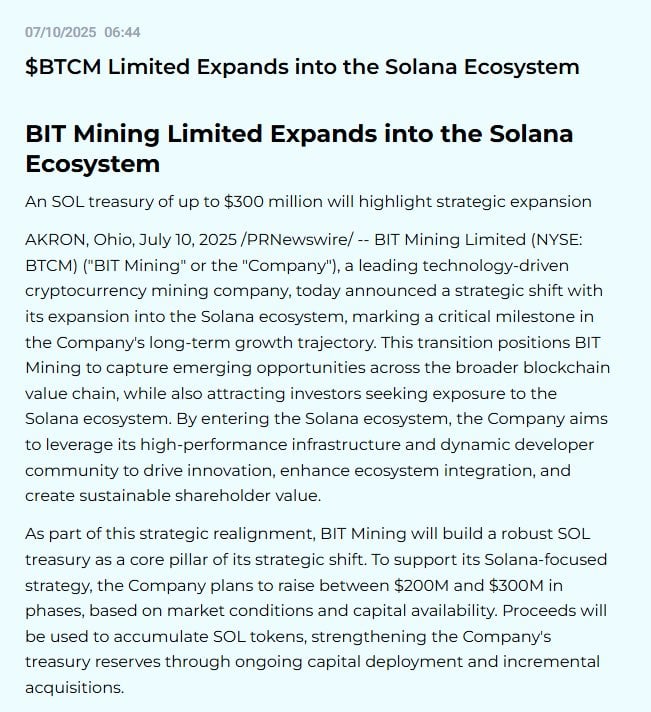 BIT Mining Seeks Up to $300 Million for Pivot to Solana