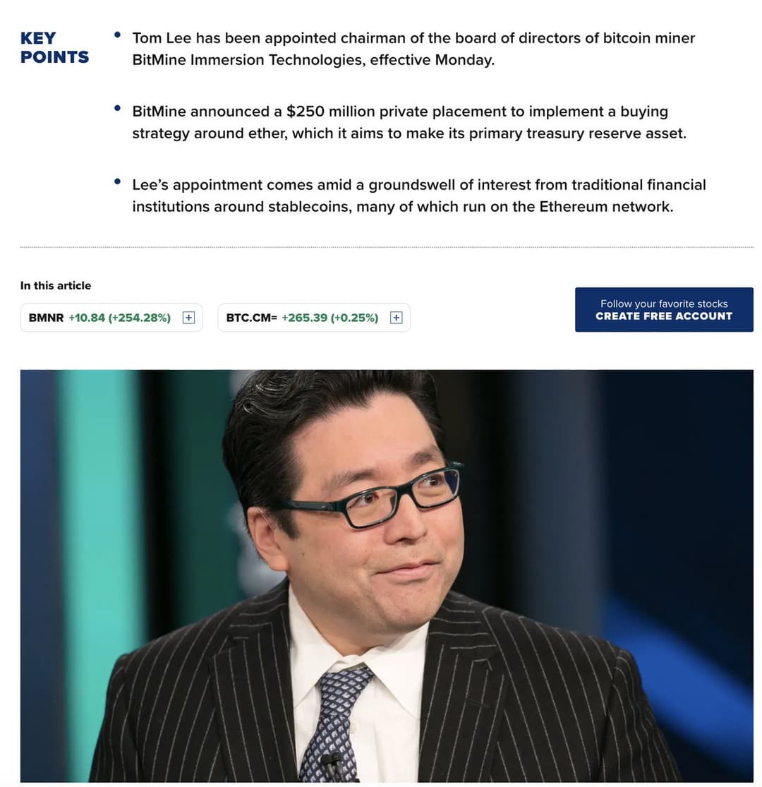 BitMine Raises $250 Million, Installs Tom Lee to Build Ethereum Treasury