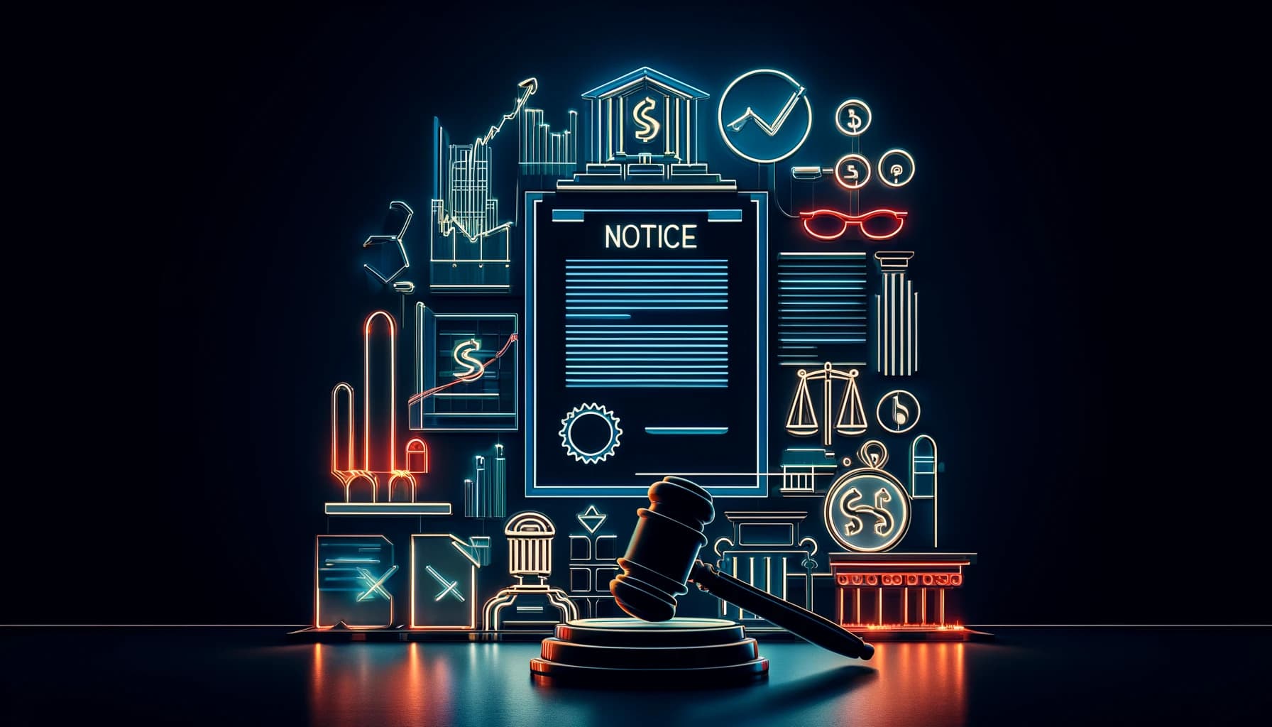 documents and a gavel, glowing in neon colors against a dark background