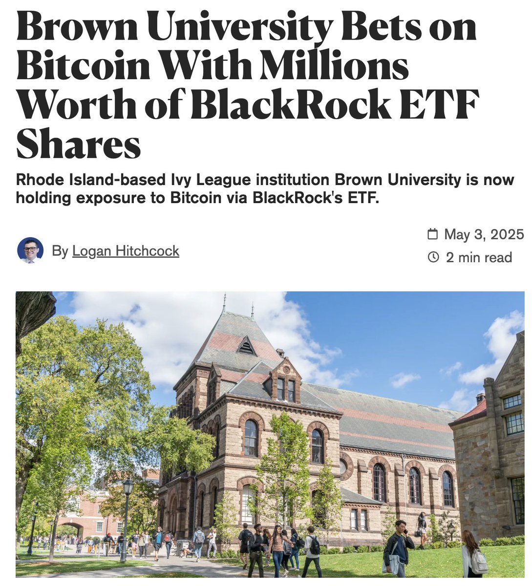 Ivy League Brown University With $7.2 Billion Endowment Discloses $4.9 Million BlackRock Bitcoin ETF Investment