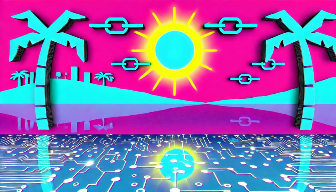 palm trees and blockchain symbols