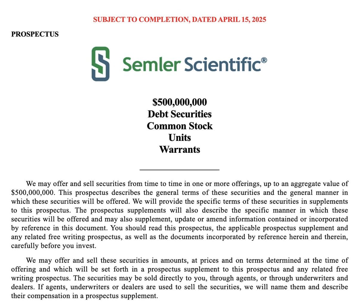 Semler Scientific Files to Raise $500 Million to Acquire Additional Bitcoin