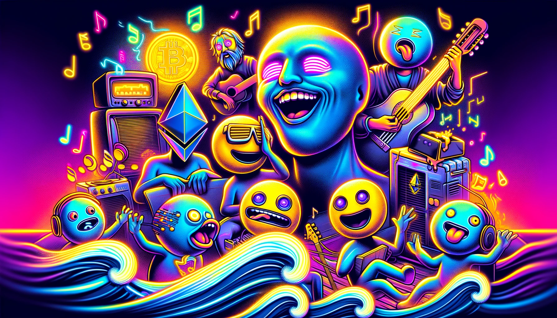 cartoon-like representations of Ethereum and Solana memecoins with exaggerated expressions