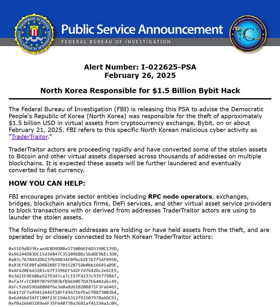 FBI Accuses North Korea's TraderTraitor Group of $1.5 Billion Bybit Crypto Theft in Largest Heist on February 21, 2025