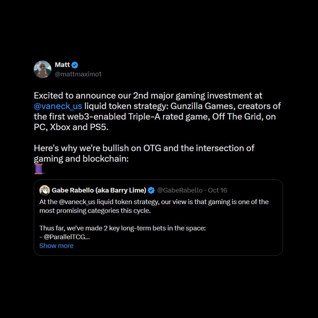 VanEck Invests in Gunzilla Games' Off The Grid, a Web3 Triple-A Game; Redacted Group Launches Crypto Fund