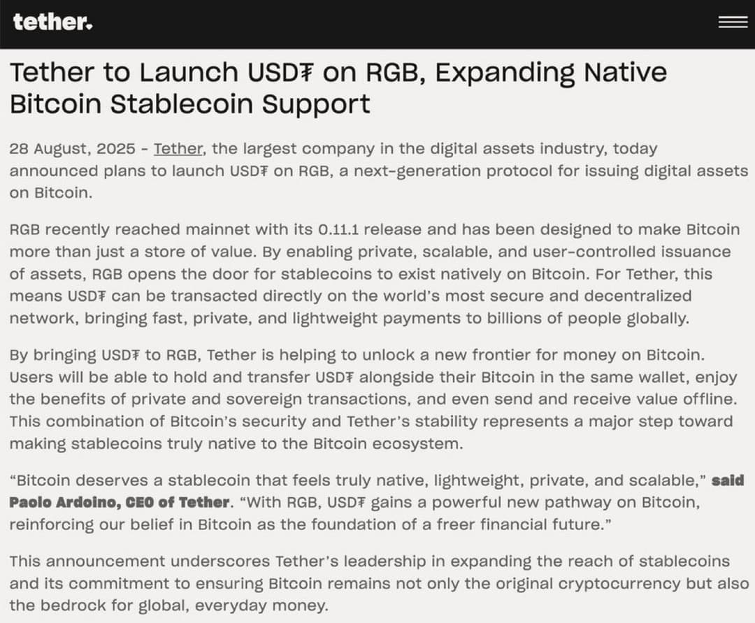 Tether to Issue USDT Directly on Bitcoin Using RGB Protocol