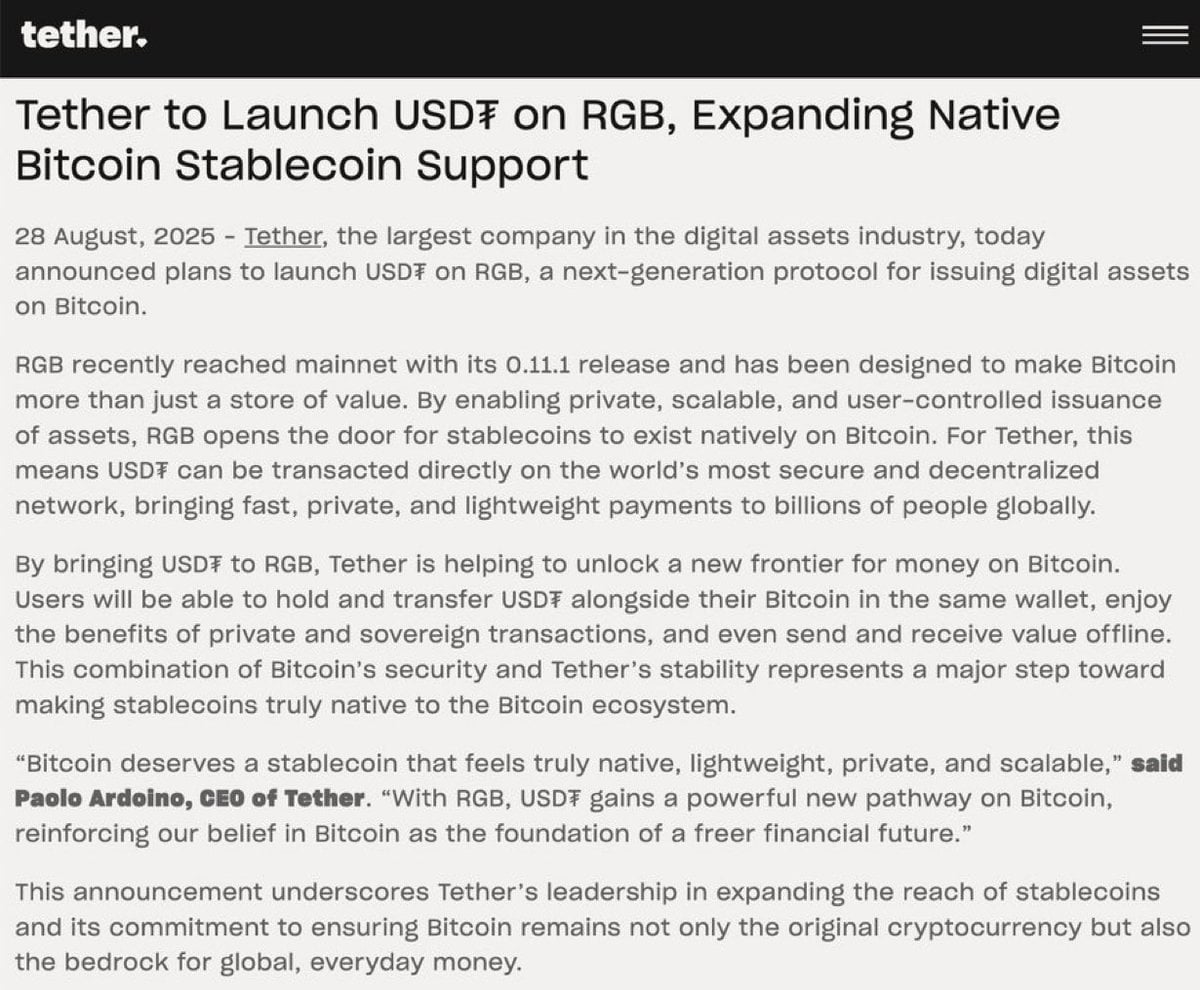 Tether to Issue USDT Directly on Bitcoin Using RGB Protocol