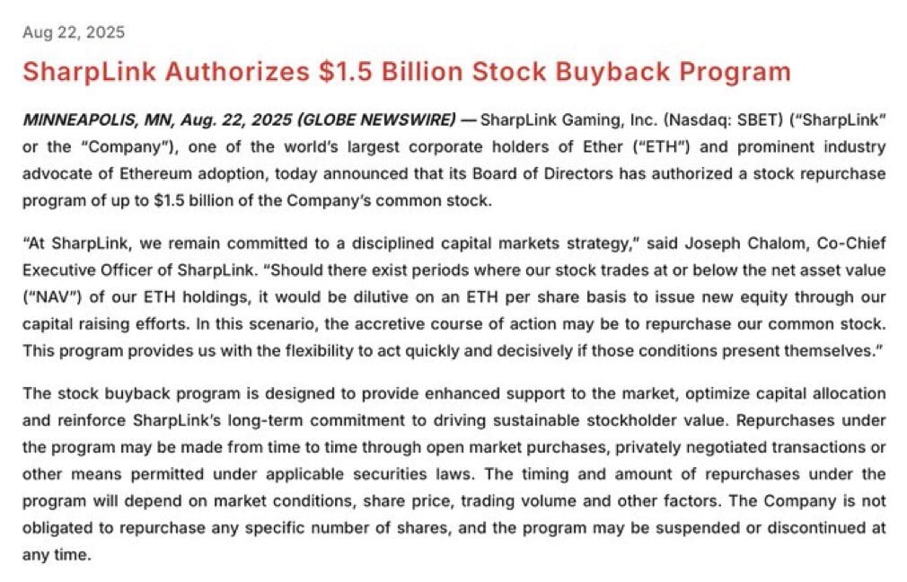 SharpLink Gaming Approves $1.5 Billion Share Buyback