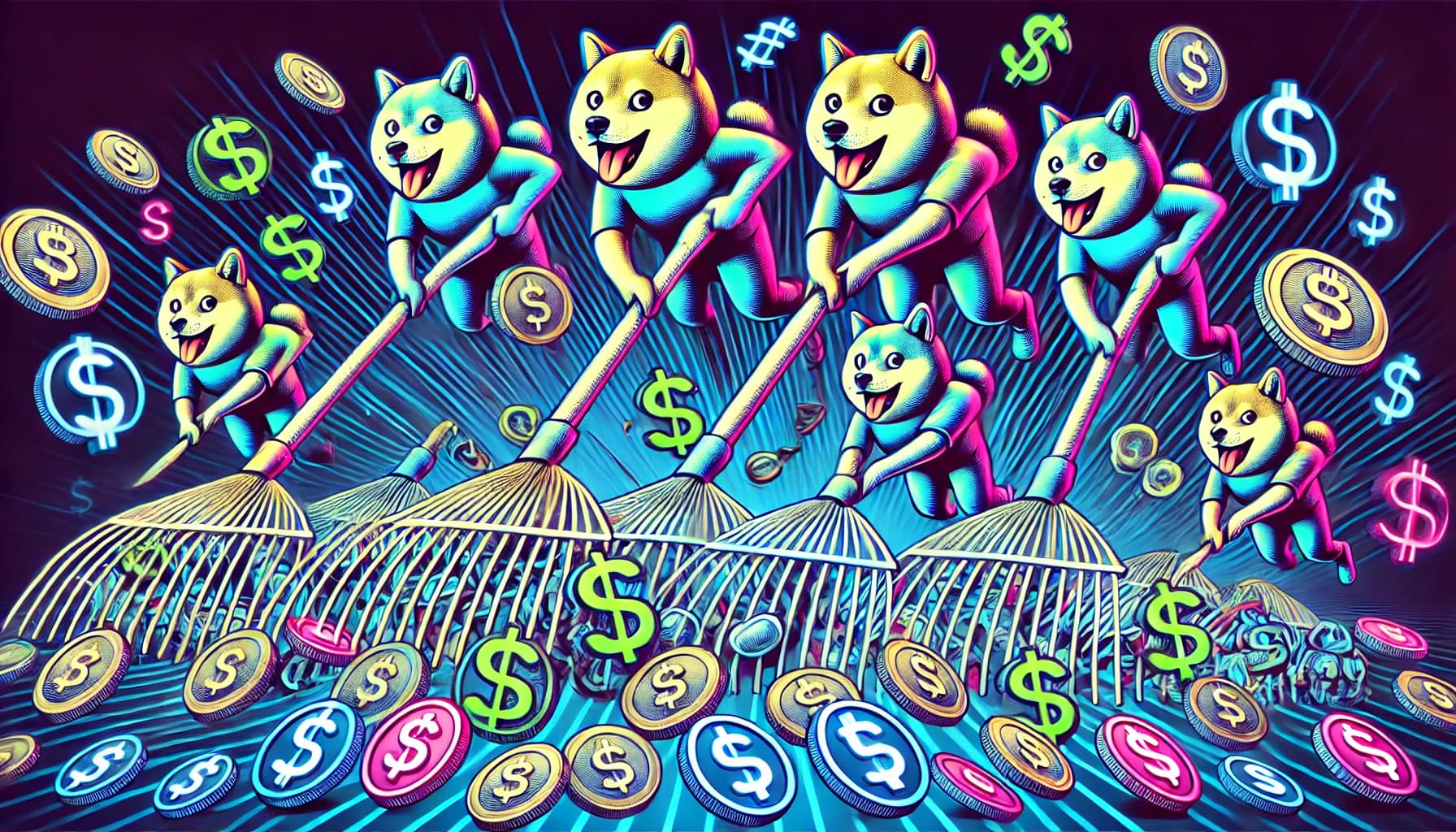 dogs with exaggerated rakes pulling in symbols of coins and dollar signs