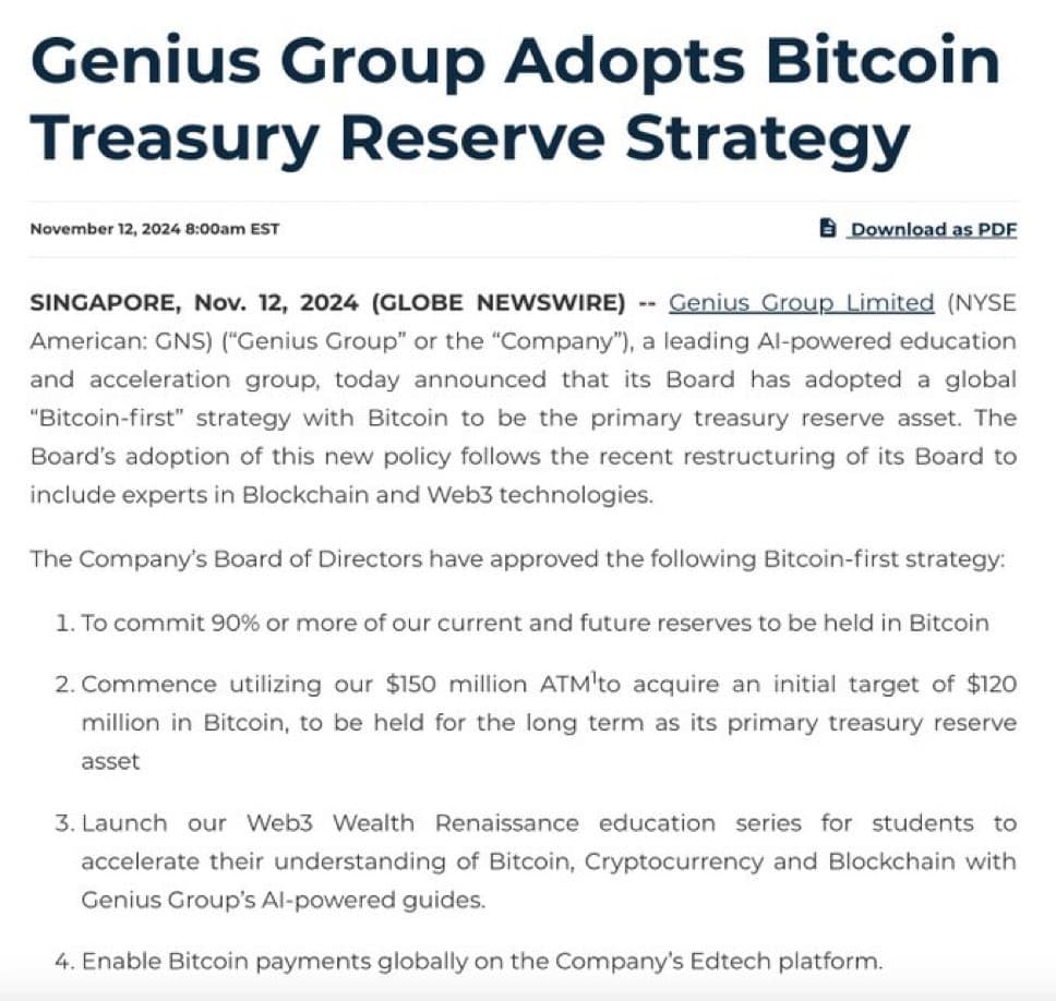 Publicly Traded Genius Group Adopts Bitcoin as Primary Treasury Asset with $120M Investment