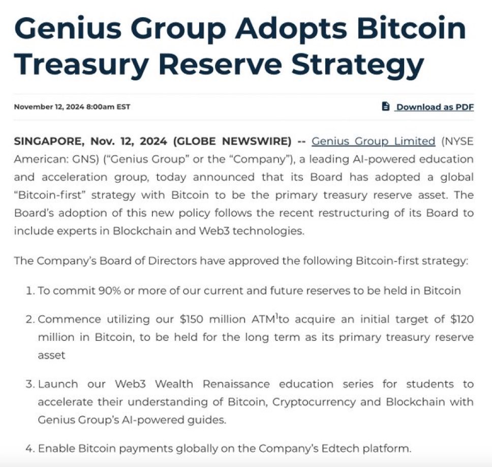 Publicly Traded Genius Group Adopts Bitcoin as Primary Treasury Asset with $120M Investment
