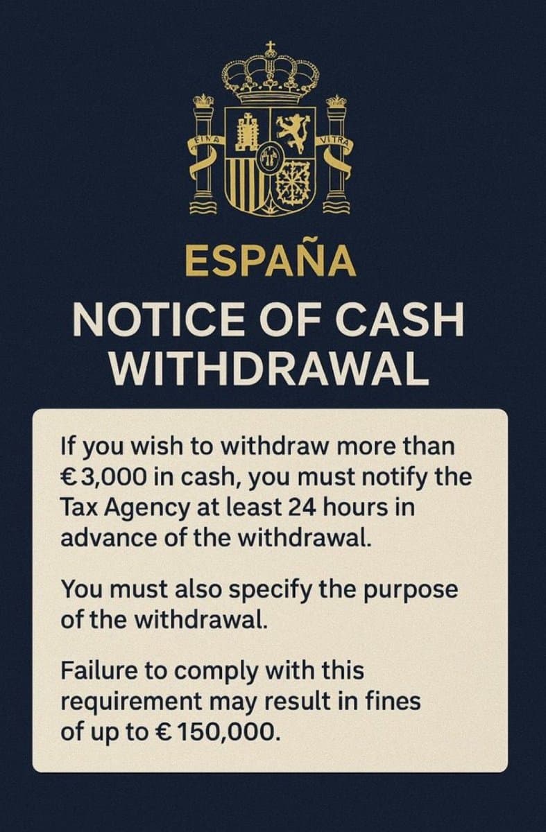 Spain Imposes €150,000 Fine for Cash Withdrawals Over €3,000 With 24-Hour Notice and Reason, Citing AML; Bitcoin Appeal Grows