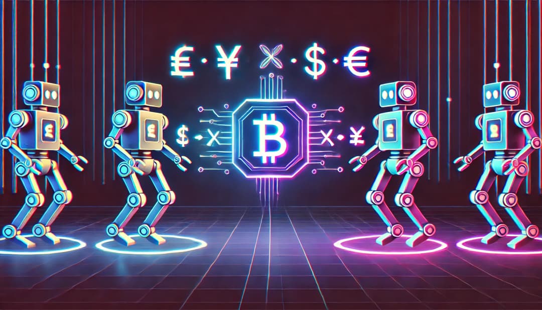 robots sending money to each other in a neon-colored, minimalistic design