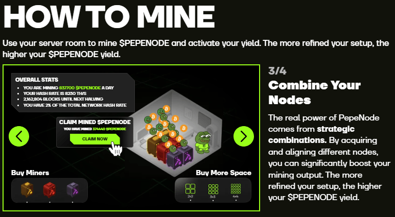 PepeNode’s Mine-to-Earn game comes from strategically combining your nodes.